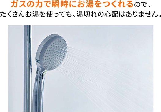 ガスの力で瞬時にお湯をつくれるので、たくさんお湯を使っても、湯切れの心配はありません。