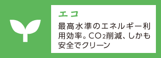 「エコ」最高水準のエネルギー利用効率。CO<sub>2</sub>削減、しかも安全でクリーン